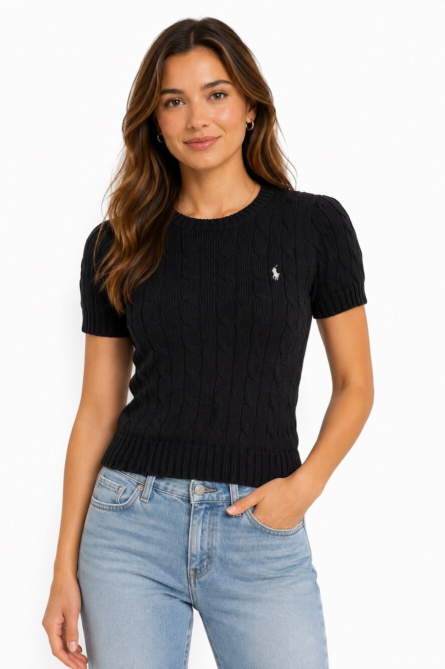 Polo Ralph Lauren Women’s L Pima Cotton Cable Knit Short Sleeve Sweater Black